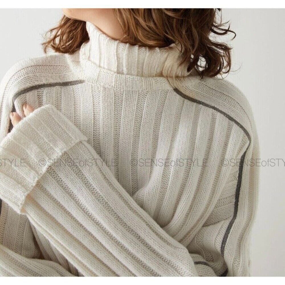 Brunello Cucinelli Cashmere Sweater Top Monili Trim Size xs